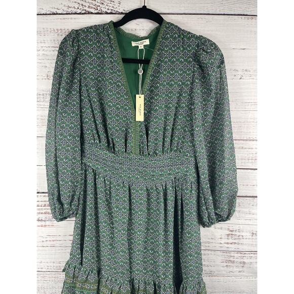 Max Studio Dress Women's Small Green Boho Floral Ruffle Long Sleeve Tiered NWT - Picture 2 of 10